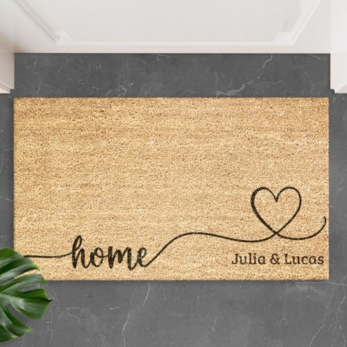 Transparent Gift Felpudo Personalizado con Nombres Lazo Corazón. Alfombras Personalizadas para Entrada de Casa. Decoración de Hogar. Regalos Originales para Familia. Fibra de Coco, Base Antideslizante