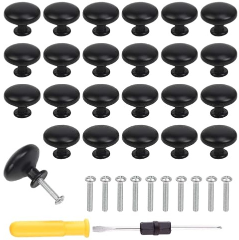 HAKOTOM 24pcs 28mm Black Kitchen Knobs, Matte Black Round Cabinet Knobs with Screws for Drawer, Wardrobe, Cupboard Door