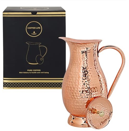Pure Copper Water Pitcher 70 Ounces | Handmade Hammered Large Jug with Lid | Unlined Uncoated Chemical Free for Ayurveda Health Benefits | Decorative & Functional – Vintage Style for Home & Gifting