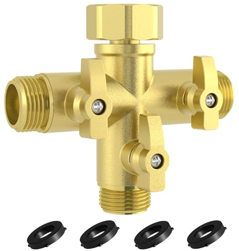 YANWOO Robuster 3-Wege- und Typ-Gartenschlauch-Verteiler aus Metall mit Absperrventilen, 1,9 cm (3/4 Zoll) Wasserhahn-Anschlüsse mit hohem Durchfluss und 4 zusätzlichen Silikon-Unterlegscheiben