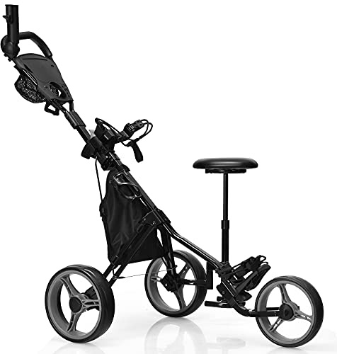 GYMAX Carrello da Golf Pieghevole con 3 Ruote con Freno, Trolley Push da Golf in Metallo con Sedile Ritrattabile, Golf Cart con Manico Regolabile (Grigio)
