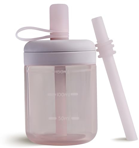 Moonkie Borraccia con Cannuccia, Bicchiere Antigoccia Bambini Silicone, Bicchiere con Cannuccia, Tazza con Cannuccia senza BPA, per Lavastoviglie, 6 Mesi+, 5oz(Lilla morbido)