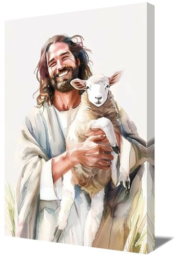 ZQQART Leinwandbild mit Jesus Gott Christus gekreuzigtes Kreuz Gemälde Jesus hält das verlorene Lamm Bild für religiöses und spirituelles Dekor der katholischen Kirche (Aquarell,40x60cm)