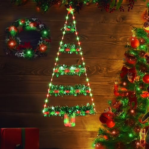 Geemoo Weihnachtsbeleuchtung Außen Batterie, 81cm Weihnachtsbaum Leiter Lichterkette mit Lametta Girlande, Timer, 8 Modi, Grün&Rot Fensterlicht für Innen, Fenster, Party, Hochzeit, Tür, Weihnachtsdeko
