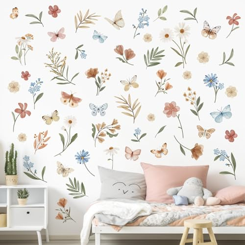 decalmile Boho Daisy Flower Wall Decals Watercolor Floral Butterflies Wall Stickers Baby Nursery Girls Bedroom Kids Room Wall Decor