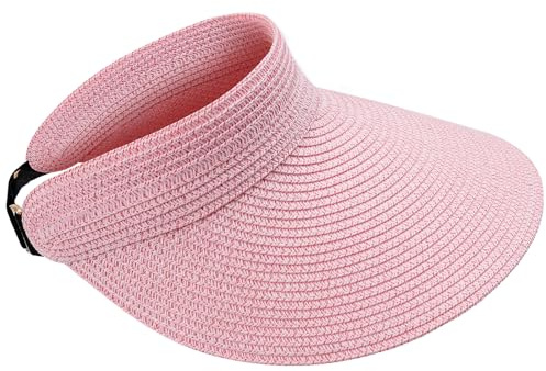 MK MATT KEELY solhattar för kvinnor justerbar halm strand visir hattar damer packbar stor kant hästsvanshatt, Rosa, en storlek
