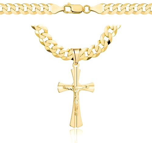 AMAR goldketten herren kreuz 585, Kette Herren 925/585 - goldkette 585 massiv Kreuzkette - Halskette, dicke 6,5 mm Panzerung, vergoldetes Silber