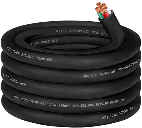 25ft 10/4 10AWG SOOW Portable Power Cable,600V 10 Gauge SOOW Electrical Cable-4 Conductor Extension Cord for Welder Machine,Generator,Portable Light,EV Car Charger,Motor Lead, Industrial Outdoor