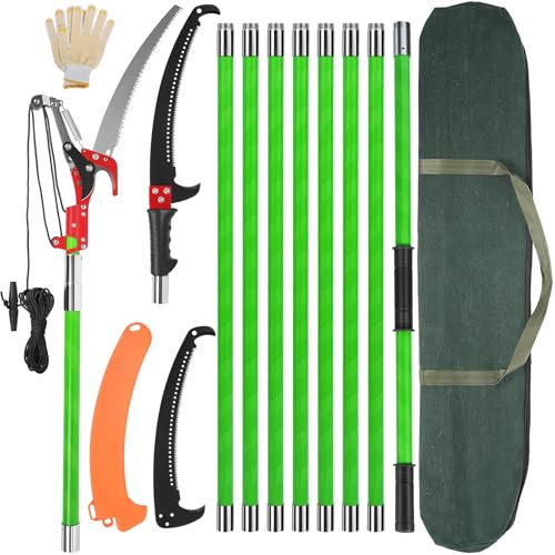 30 Ft Manual Pole Saw, Extendable Tree Pruner Blade and Scissors Set with 9 Fiberglass Handles, Long Branch Pruner Retractable for Backyard and Garden, Bush Cutting and Pruning of Palm Trees