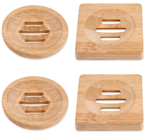 4 Stück Natürliche Hölzerne Bambus Seifenschale, Seifenhalter Seifenablage mit Entwässerungsloch Seifenschalen für Duschen, Badezimmer, Küchenspülen, Küchenschwämme (Quadratisch & Rund)