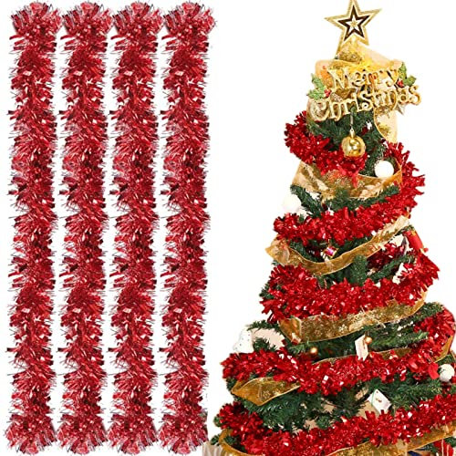 Kalamakala Guirlande de Noel Sapin, 4pcs Guirlandes Tinsel Noël, Guirlande Sapin, Guirlandes Tinsel Métallique Scintillantes pour Sapins de Noël Décoration, Fête Murs Fenêtres Decoration
