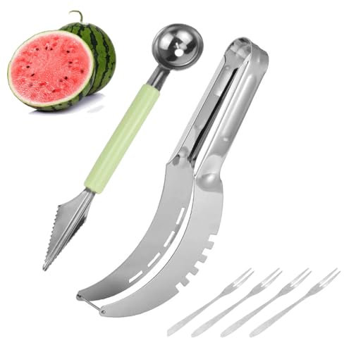 Affettatrice per Anguria, Coltello per Intagliare la Frutta, 4 pz Forchetta Acciaio Inox per Melone, Taglia Anguria Fette Acciaio Inox, mulino a vento Taglierina Affetta Anguria