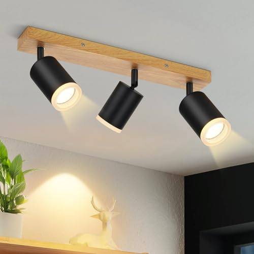 ZMH Deckenstrahler 3 Flammig Deckenspots Schwarz - Küchenlampe Holz GU10 Wandstrahler 350° Drehbar Vintage Küche Strahler Industrial Retro Spots für Wohnzimmer Schlafzimmer Flur (Ohne Leuchtmittel)