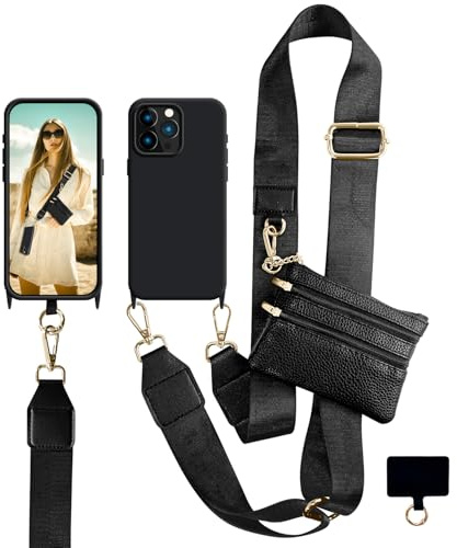 VooDirop Crossbody Phone Strap with Wallet for iPhone 15 Pro Max, Phone Case with Detachable Lanyard & Wrist 2 in 1, Clip and Go Strap for Women with Zippered Pouch