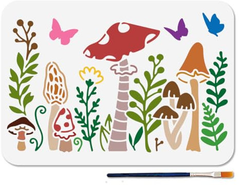 MAYJOYDIY Mushroom Painting Stencil Jungle Mushroom Stencil 11.7×8.3inch with Paint Brush Jungle Plant Stencil Butterfly Leaf Template for Wood Wall Window DIY Craft Home Decor