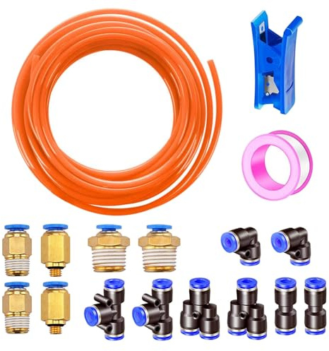 HAXIHA 12 Meter Orange Pneumatique Tuyau Air Comprimé,Polyuréthane PU Air Tuyau Kit 6mm OD x 4mm ID,avec 14 Connecteur Pneumatique (Y/T/L/I)