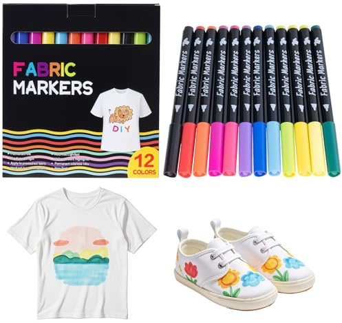 BLISSIQUEE 12 Textilstifte Waschmaschinenfest, Textilfarbe Waschmaschinenfest Permanent Stoffmalstifte Textilmarker für T-Shirts, Stoffbeutel zum Bemalen, Stoffbeutel, Schuhe, Basteln, Geschenk