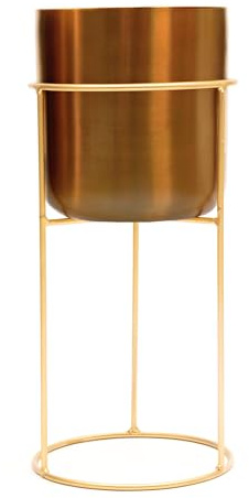 Maceta de metal cepillado de color dorado oscuro con soporte para plantas de color dorado oscuro, grande, altura 20 x 50 cm, maceta grande de metal para interior