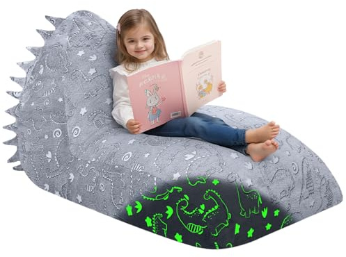 MeMoreCool Kinder Sitzsackbett 8–12 Jahre, groß mit Einhorn, Grau Dino | Großer Sitzsack mit Füllung als Bodenliege für Mädchen und Jungen, mit Einhorn- und Dinosaurier-Design für Kinder.