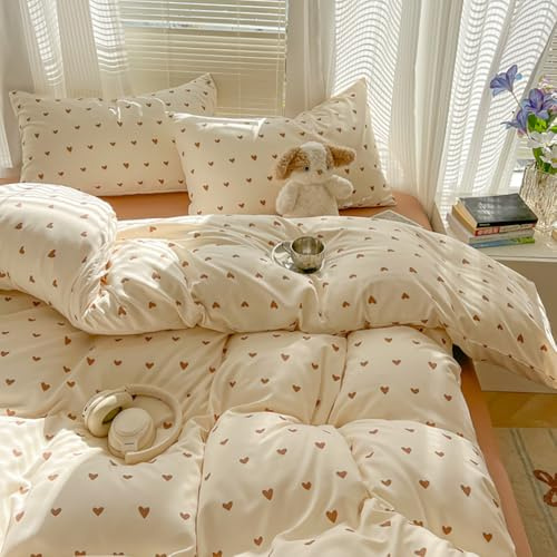 Bettwäsche 135x200 Beige Braun Herzen Mädchen Bettbezug + Kissenbezug 80x80 | Bettwäsche Set 2 Teilig, Herz, Niedlich Herzchen, Romantisch Herzmuster, Aesthetic, Weich, Microfaser, Reißverschluss