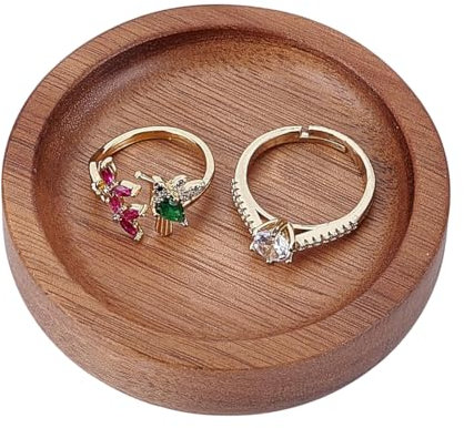HOBBIESAY 1 petit Plateau Rond en Bois pour Bagues de Mariage Couleur Beige Présentoir à Bijoux pour Colliers et Bracelets Cadeau D'Anniversaire de Mariage
