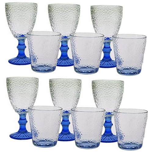 Set 12 Bicchieri 6 acqua 6 vino calici con piede in Vetro trasparente blu da tavola Eleganti Stile Raffinatezza in casa per Ogni Tavola e Occasione bar hotel ristorante