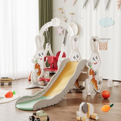 LIVLUX Scivolo per bambini 4 in 1, interno ed esterno scivolo con altalena, cestino da basket e scala da arrampicata, design coniglio, per bambini da 1 a 6 anni. (Bianco)