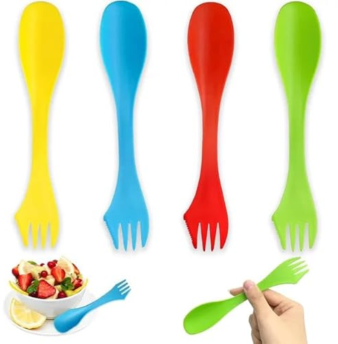 quyueug 3-in-1 Reisebesteck | 4-teiliges Camping Besteck (blau, rot, grün, gelb) | Wiederverwendbare Löffel, Gabeln und Messer | Tragbares Plastikbesteck, Wanderbesteck