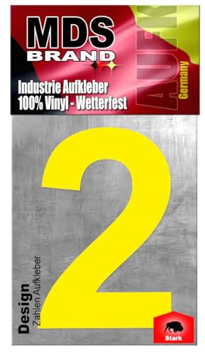 MDS Brand Design 20cm Zahlen Aufkleber | Selbstklebende Hausnummern zum aufkleben | Klebezahlen für Mülltonne, Briefkasten, Hausnummer & Auto | Optimal für Außen & Innen (Gelb, 2)
