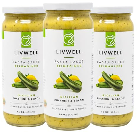 LIVWELL Sicilian Zucchini Pasta Sauce - Pack of 3 Plant Based Dairy Free Sicilian Zucchini & Lemon Pasta Sauce with Fresh Basil, Olive Oil, Cashews & Garlic, Nutrient Rich, Vegan & Gluten Free