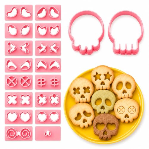 Juego de cortadores de galletas de calavera de Halloween, 10 moldes de galletas prensables 3D con expresiones reemplazables, cortadores de calavera de mueca para niños y diversión de hornear de