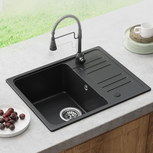 HOROW Single Bowl Quartz Kitchen Sink, 57x45 cm Black, Push-to-Drain/Store Water, Scratch-Resistant Stain-Proof Self-Healing, with Drain Fittings & Overflow
