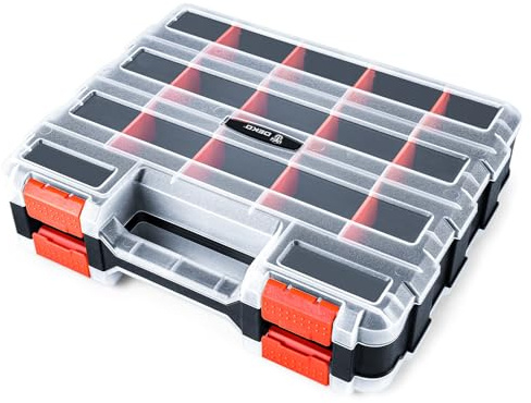 DEKO Screw Storage Organiser Tool Box Professional 34-Compartment Screw Box Organiser with Removable Dividers, Transparent Dual-Sided Screw Storage Case with Secure Latches for Hardware & Small Parts