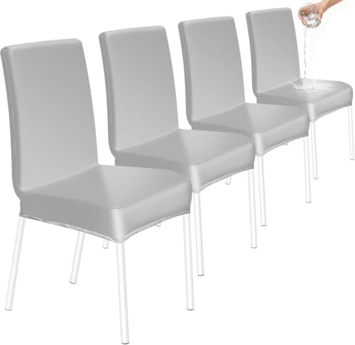 HOZKUY Kratzfeste Stuhlhussen 4er Set, Elastische Wasserfeste Stuhlbezüge Abnehmbar Waschbar, Universal Hussen Schutz für Hochlehner, Schwingstuhl, Küche, Restaurant, Bankett, Hochzeit, Hotel, Grau