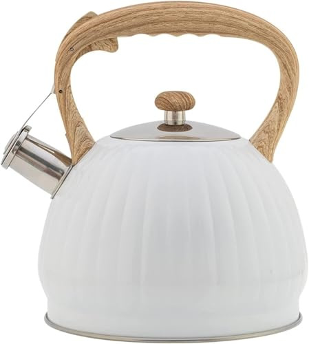 Théière sifflante en acier inoxydable de 3,5 l – Bouilloire sifflante pour cuisinières à gaz et à induction – Théière durable pour eau chaude avec finition blanche