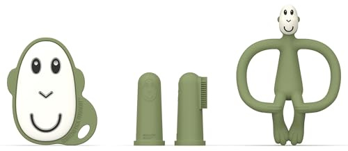 Matchstick Monkey Zahnungs Starter-Set – Flacher Beißring, Tier-Beißring & 2 Silikon-Fingerzahnbürsten, BPA-frei, Förderung der Feinmotorik, ab 3 Monaten, Geschenkset, Olivgrün