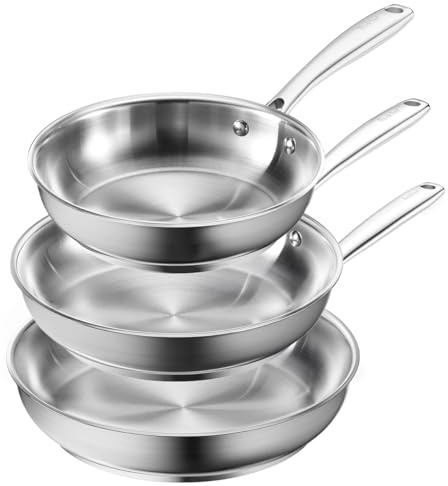 Redchef Juego de sartenes de acero inoxidable sin recubrimiento, juego de sartenes para inducción, sartenes sin PFAS, mango de acero inoxidable, mango remachado apto para todo tipo de cocinas