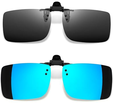 Joopin 2-pack polariserade clip-on-solglasögon över vanliga glasögon, rektangulära uppfällbara solglasögon UV-skydd för kvinnor och män (Svart Blå)