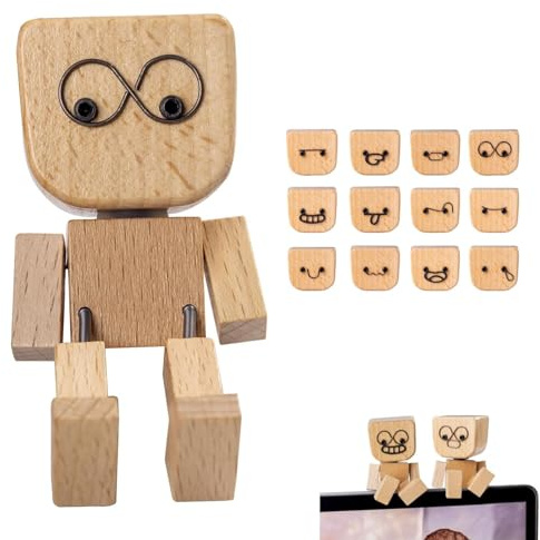 ARYIMYDP Figurine de bonhomme en bois vacillant, fait main, 12 expressions, décoration voiture, bureau, salon, vitrine et chambre à coucher, figurine d'homme en bois tremblant