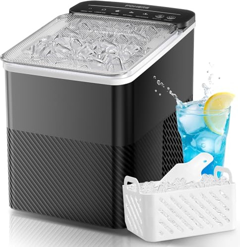FOHERE Ice Maker Machine Countertop, 14KG Ice Cube Maker with Self-Cleaning Function, 9 Cubes in 5 Mins, 2 Bullet Ice Sizes, Portable Ice Machine with Ice Scoop & Basket (Black)