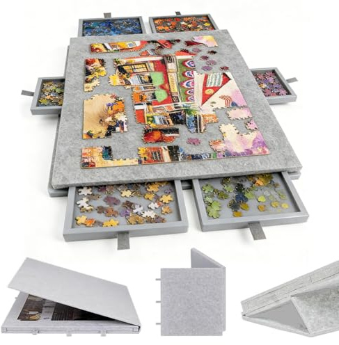 Occzin Tavolo per puzzle inclinabile per 1000 pezzi con 6 cassetti, tavolo puzzle portatile con supporto 2 in 1 e copertura, tavolo puzzle in feltro super leggero per adulti, colore grigio