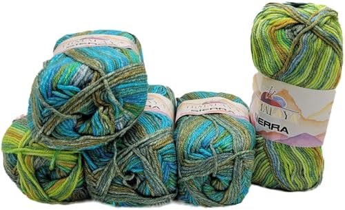 İlkadım Export Sierra Strickwolle 5x100g (500g) – Farbverlauf Häkelgarn & Strickgarn – 50% Baumwolle 50% Anti-Pilling Acryl – Super Bulky Stärke 6 (Grün Türkis Terrakotta Mix 12)