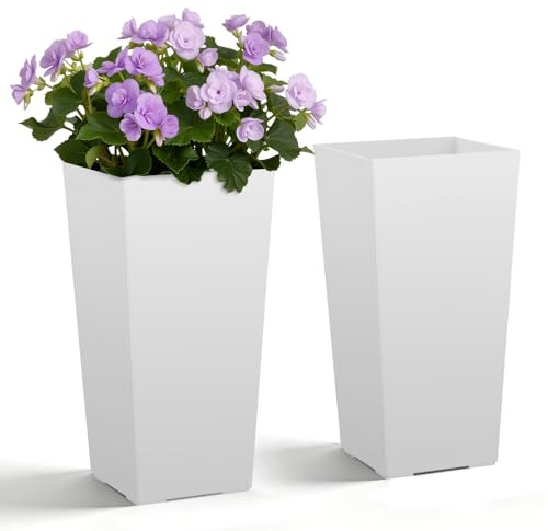 VEVOR Jardinière Haute Lot de 2 Pot de Fleur Haut 55 cm pour Plantes Intérieur Extérieur Porche Entrée Terrasse Jardin, avec Style Moderne en Plastique, Forme Carrée Conique, Blanc