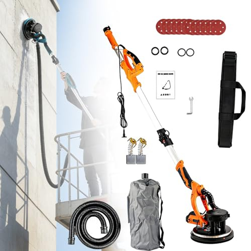 DowPie Lijadora eléctrica para Paneles de Yeso con Mochila de Almacenamiento portátil, 6 velocidades (500-2000 RPM), luz LED, Mango Extensible y 12 Discos de Lijado estándar. Orange-110V
