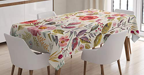 ABAKUHAUS Bunt Tischdecke, Abstrakte Blumen Rosen, Personalisierter Druck Klare Farben ohne Verblassen Waschbar für Außen Bereich, 140 x 170 cm, Beige Rot Grün