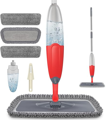 HOMTOYOU - Mopa de Microfibra para Suelos de Madera Dura Seca y húmeda con Botella Recargable de 635 ml, giratoria de 360 Grados, con 3 recambios Reutilizables para Azulejos laminados, mármol