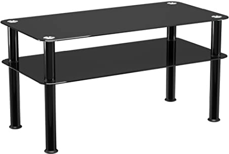 mahara Black Glass Coffee Table - Slimline side table with shelf and black aluminium legs - Small table W80cm x D40cm x H41.5cm