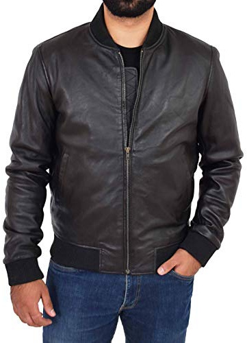 A1 FASHION GOODS Chaqueta bomber de cuero para hombre, piel de cordero suave, ajustada, universitaria, Eddy, Negro, S