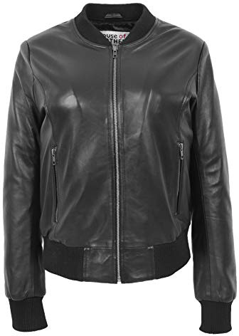 Womens Real Leather Bomber Jacket Classic Varsity Style Faye Black (14)