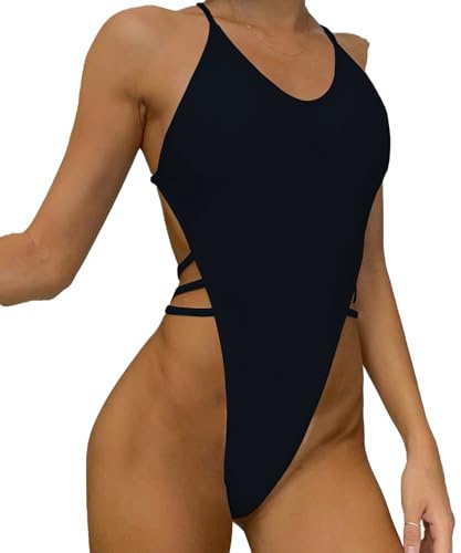 Faringoto Damen-Einteiler, sexy Bademode, String-Bikini, Schwarz , M